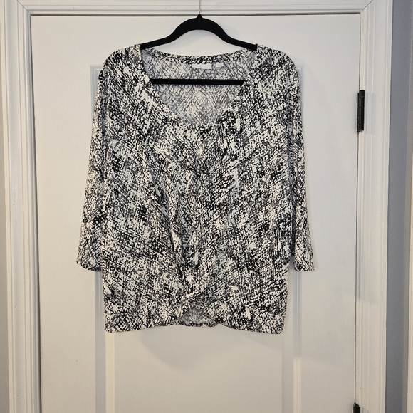 New York & Co Black White Gray 3/4 Sleeve Geometric Print Stretch Blouse Size L - Picture 1 of 12